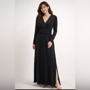 New Without Tags Medium Black Maxi Dress V-Neck Elastic Waist Long Sleeve